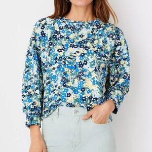 Ann Taylor Vibrant Floral Puff Sleeve Spring Summer Sweatshirt Size M